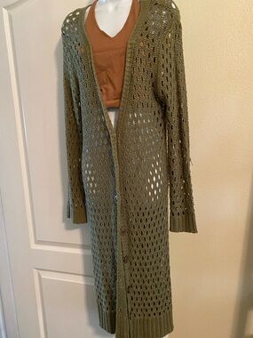 Long Olive Open-Knit Button-Front Cardigan
